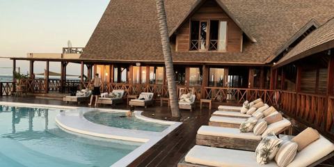 Resort pool deck with sun loungers